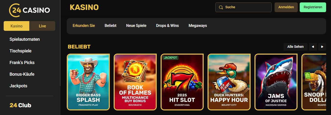 Durchsuche die Spieleauswahl und spiele beliebte Slots wie Book of Flames oder Bigger Bass Splash