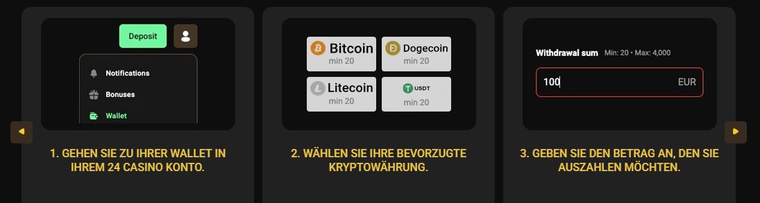 Zahle und hebe Geld ab mit Bitcoin, Litecoin, Dogecoin oder USDT direkt in deinem 24Casino Konto