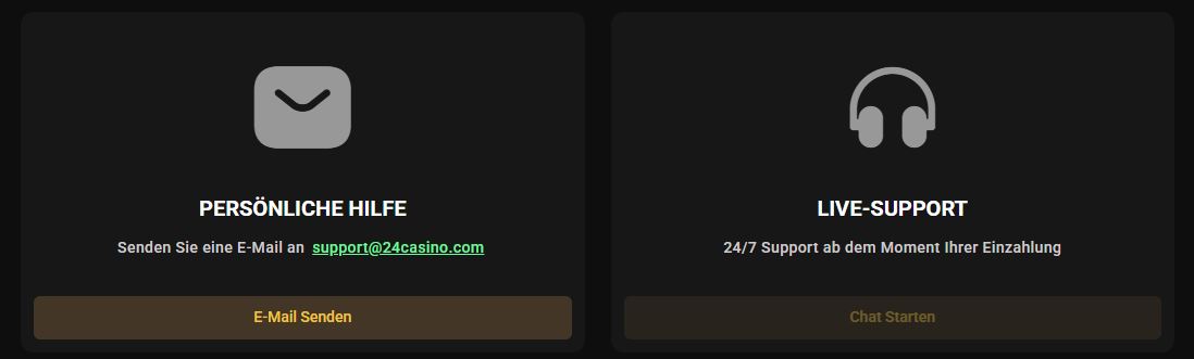 Erhalte rund um die Uhr Live-Support oder sende eine E-Mail an 24Casino