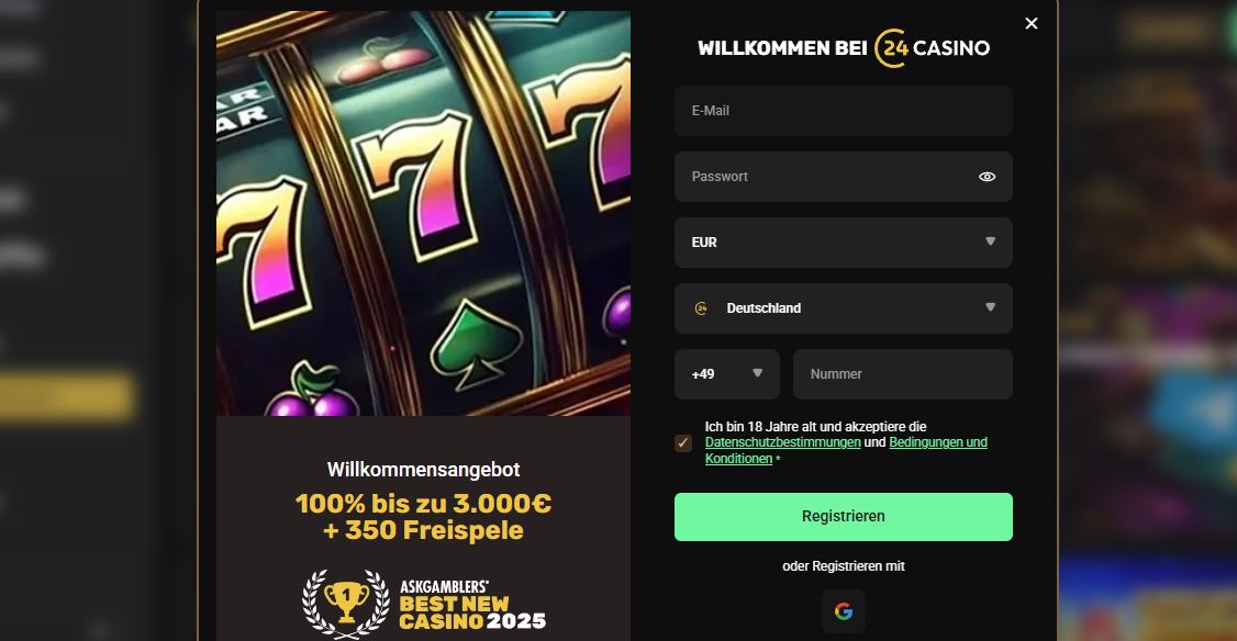 Erstelle dein neues 24Casino Konto und sichere dir den Willkommensbonus über das Registrierungsformular