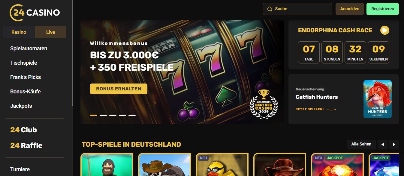 Registriere dich bei 24 Casino und erhalte Willkommensbonus bis zu 3.000 Euro plus 350 Freispiele